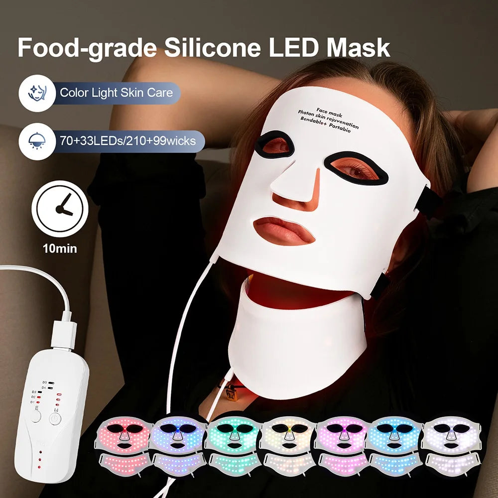 Face Neck Silicone LED Mask 7 Colors LED Light Photon Therapy 3D Flexible Facial Beauty Mask Skin Brighten Skin Care