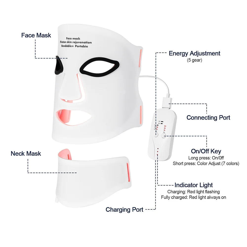 Face Neck Silicone LED Mask 7 Colors LED Light Photon Therapy 3D Flexible Facial Beauty Mask Skin Brighten Skin Care