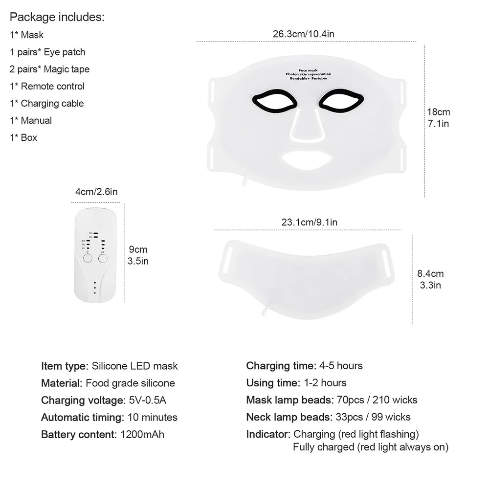 Face Neck Silicone LED Mask 7 Colors LED Light Photon Therapy 3D Flexible Facial Beauty Mask Skin Brighten Skin Care